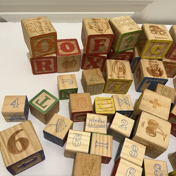 Lot of 73 Wooden Wood Toy Alphabet Letter Number Blocks Colorful Various Sizes - Picture 3 of 6